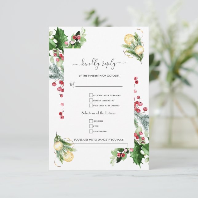 Gold Pine Berry Christmas Song Request Wedding  RSVP Card (Standing Front)