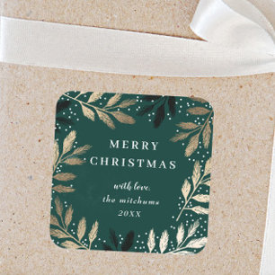 Gold Pine Branch Green Merry Christmas Holiday Square Sticker