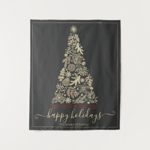 Gold Pine Cone Bough Happy Holidays Christmas Tree Tapestry