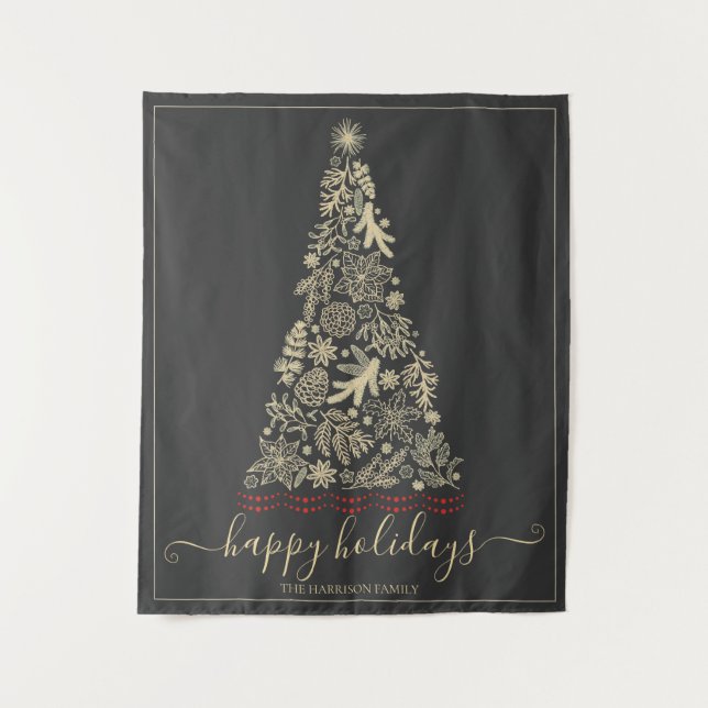 Gold Pine Cone Bough Happy Holidays Christmas Tree Tapestry (Front)