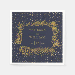 Gold pine, cones midnight blue Christmas wedding Napkin