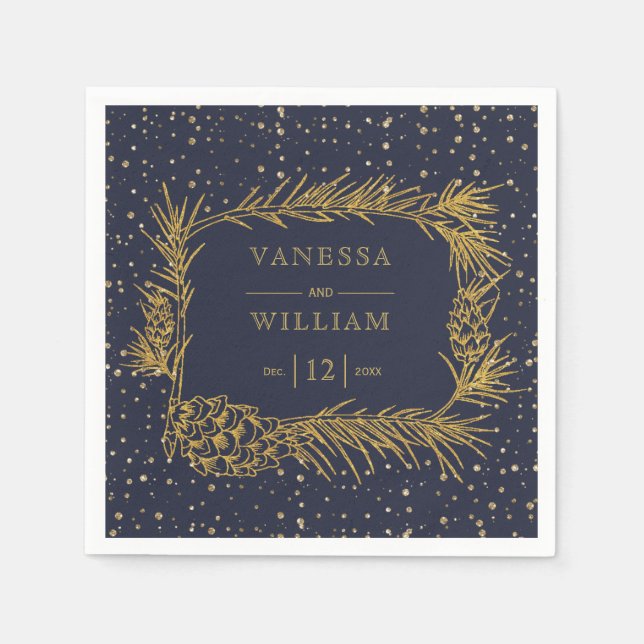 Gold pine, cones midnight blue Christmas wedding Napkin (Front)
