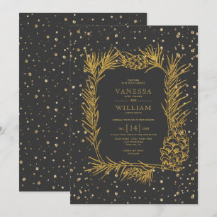Gold pine, confetti charcoal grey winter wedding invitation