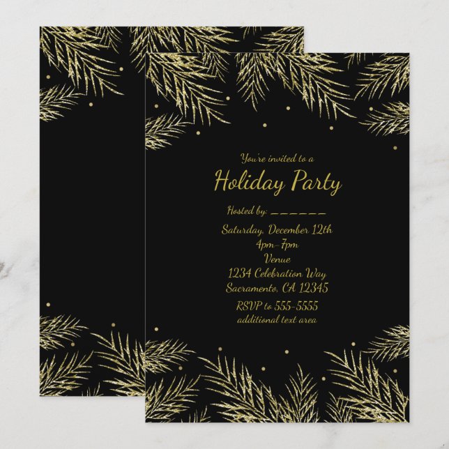 Gold Pine Fir & Dots Holiday Elegant Invitations (Front/Back)
