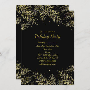 Gold Pine Fir & Dots Holiday Elegant Invitations