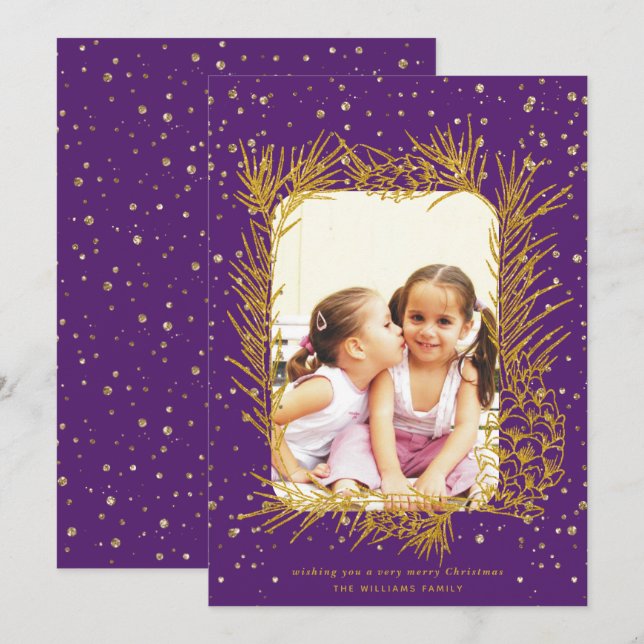 Gold pine frame,confetti purple Christmas photo Holiday Card (Front/Back)