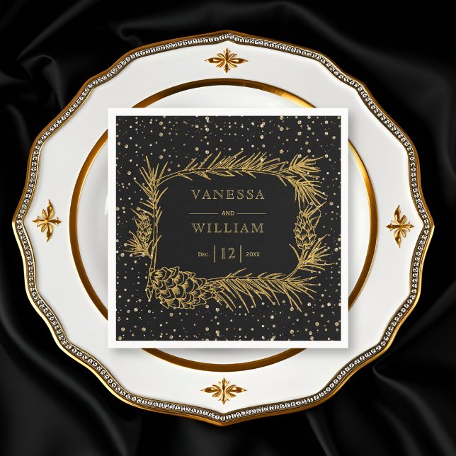Gold pine frame with cone Christmas black wedding Napkin (Creator Uploaded)