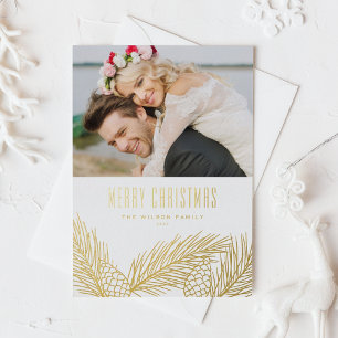 Gold Pine Needles and Cones Photo Merry Christmas Foil Holiday Card