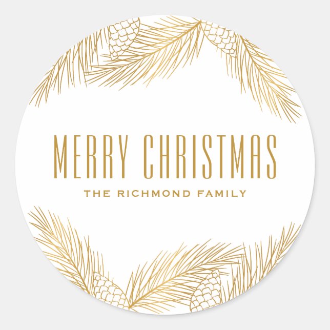 Gold Pine Needles and Pinecones Merry Christmas Classic Round Sticker (Front)