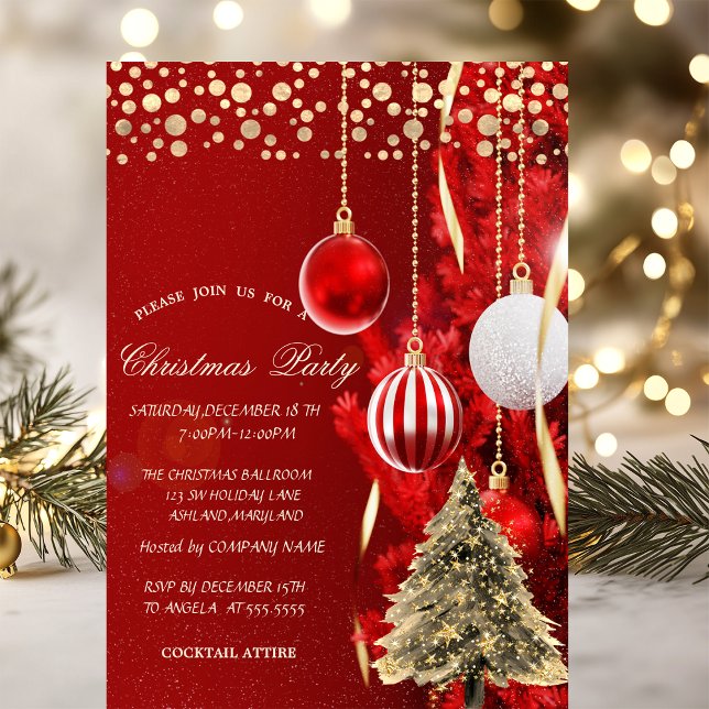 Gold Pine Tree,Dots,Balls Red Company Party Invitation (Creator Uploaded)