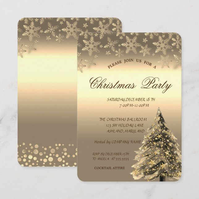 Gold Pine Tree,Dots Snowflakes Christmas Party Invitation (Front/Back)