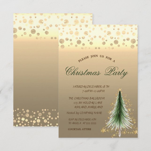 Gold Pine Tree,Dotted  Corporate Christmas Party  Invitation (Front/Back)