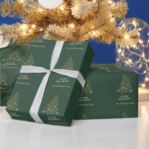 Gold Pine Tree Stars Green Merry Christmas    Wrapping Paper