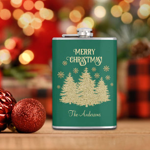 Gold Pine Trees Gold Snowflakes Hip Flask