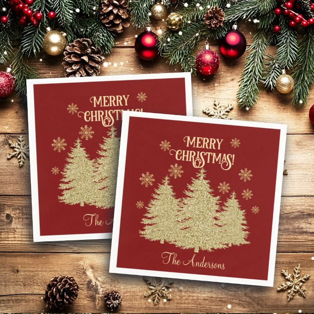 Gold Pine Trees Gold Snowflakes Napkin (Creator Uploaded)