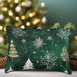 Gold Pine trees Silver Snowflakes Hunter Green Accent Pillow