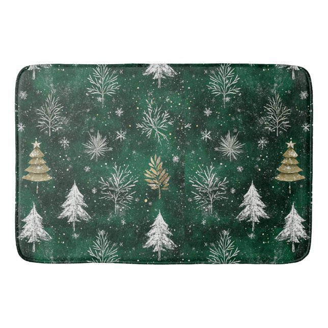 Gold Pine trees Silver Snowflakes Hunter Green Bath Mat (Front)