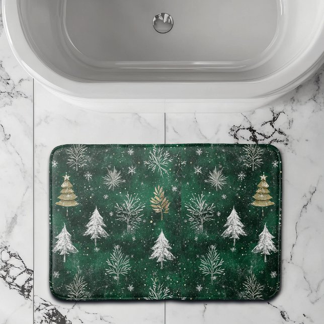 Gold Pine trees Silver Snowflakes Hunter Green Bath Mat (Creator Uploaded)