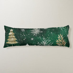 Gold Pine trees Silver Snowflakes Hunter Green Body Pillow