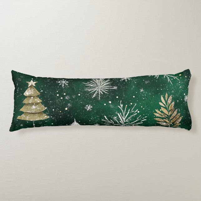 Gold Pine trees Silver Snowflakes Hunter Green Body Pillow (Front)