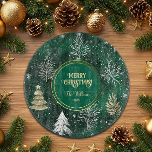 Gold Pine trees Silver Snowflakes Hunter Green Cutting Board