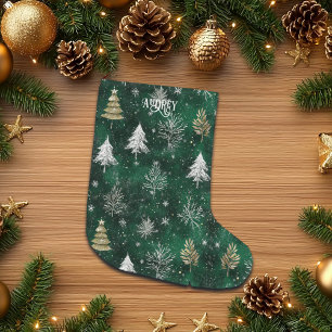Gold Pine trees Silver Snowflakes Hunter Green Large Christmas Stocking