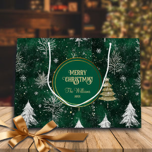 Gold Pine trees Silver Snowflakes Hunter Green Large Gift Bag
