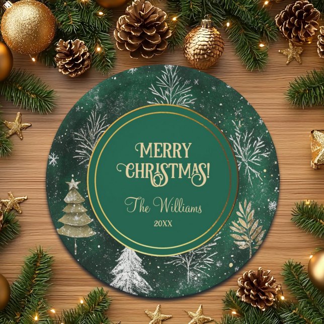 Gold Pine trees Silver Snowflakes Hunter Green Paper Plate (Creator Uploaded)