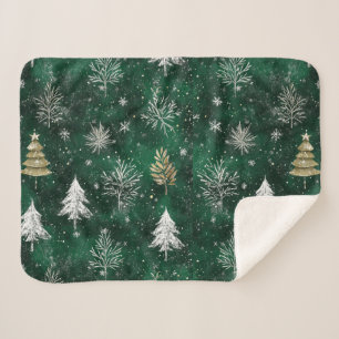 Gold Pine trees Silver Snowflakes Hunter Green Sherpa Blanket