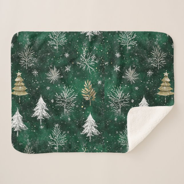 Gold Pine trees Silver Snowflakes Hunter Green Sherpa Blanket (Front (Horizontal))
