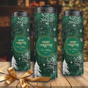Gold Pine trees Silver Snowflakes Hunter Green Thermal Tumbler