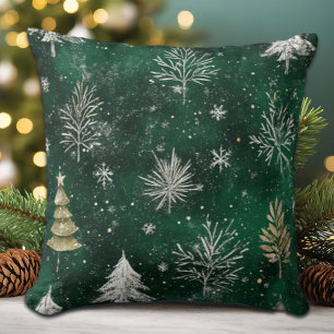 Gold Pine trees Silver Snowflakes Hunter Green Throw Pillow