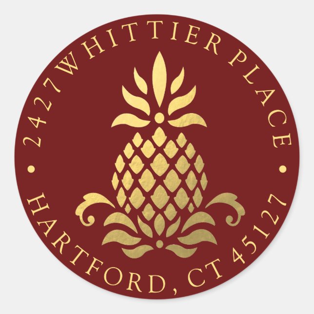 Gold Pineapple | Address With Initials Classic Round Sticker (Front)