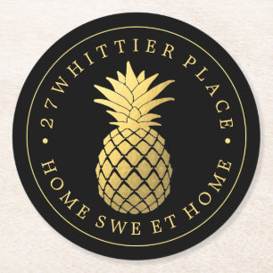Gold Pineapple Address With Text Round Paper Coaster
