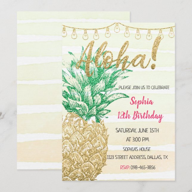 Gold Pineapple Aloha Birthday Invitation (Front/Back)