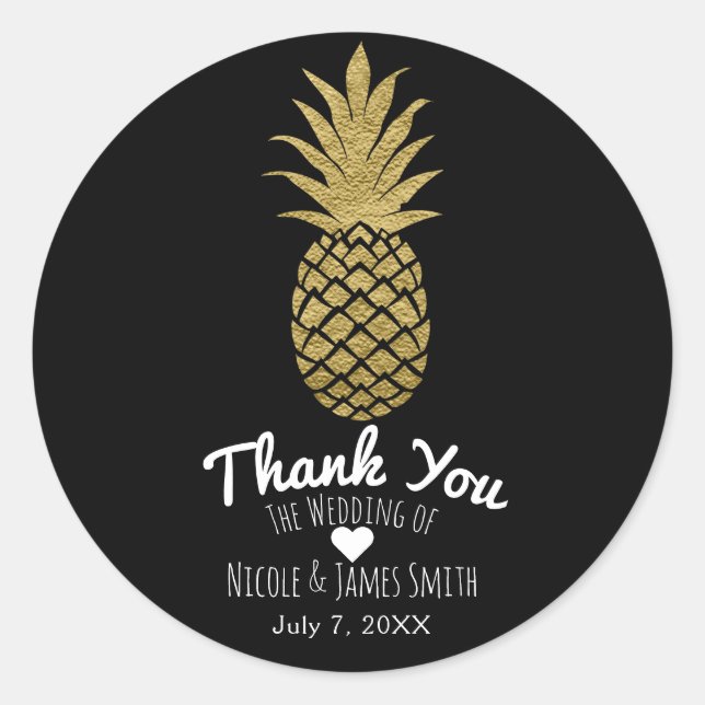 Gold Pineapple Black Modern Chic Tropical Favour Classic Round Sticker (Front)