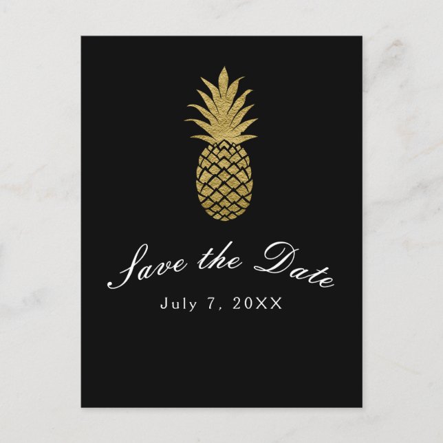 Gold Pineapple Black Modern Tropical Save the Date Announcement Postcard (Front)