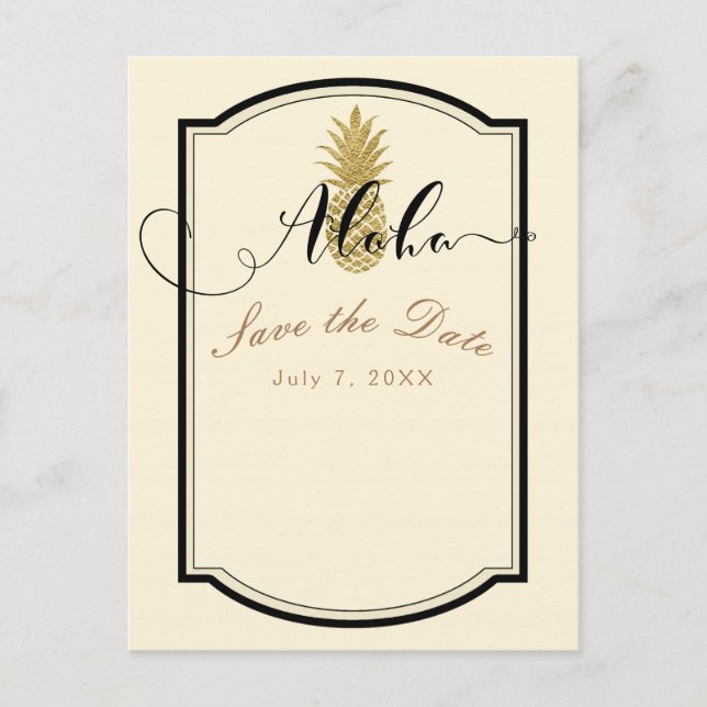 Gold Pineapple Cream Black Tropical Save the Date Announcement Postcard (Front)