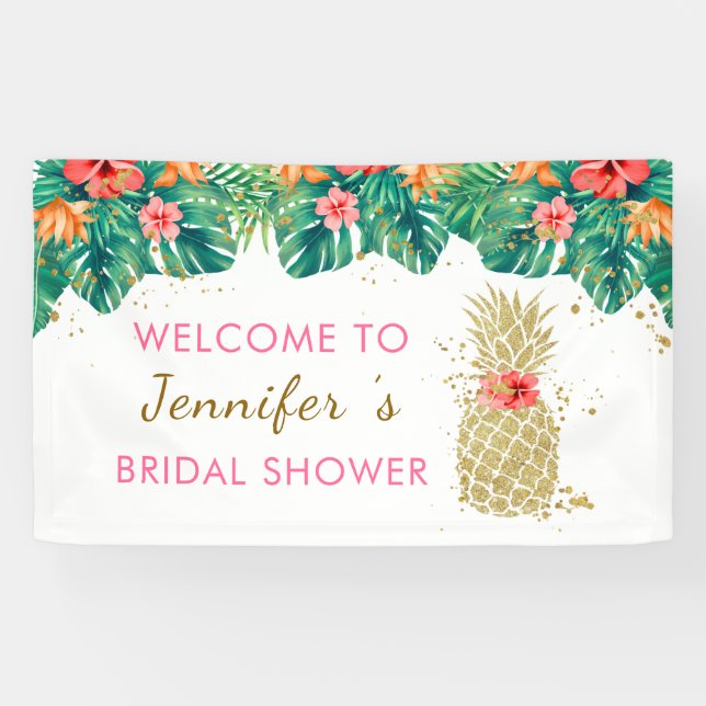 Gold Pineapple Glitter Pink Tropical Bridal Shower Banner (Horizontal)