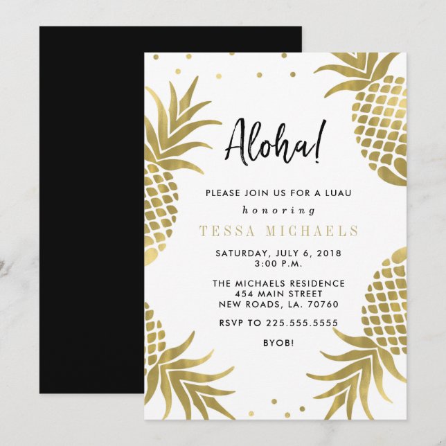 Gold Pineapple Luau Party Invitations (Front/Back)