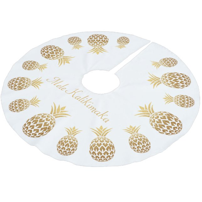 Gold Pineapple Mele Kalikimaka Hawaiian Christmas  Brushed Polyester Tree Skirt (Angled)