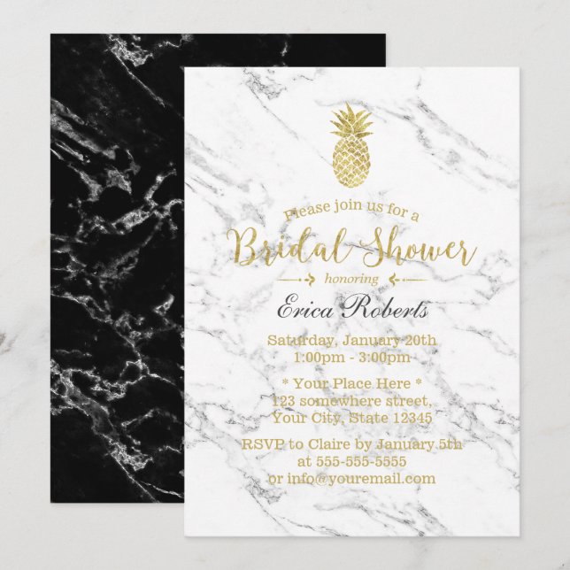 Gold Pineapple Modern Marble Bridal Shower Invitation (Front/Back)