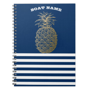 Gold Pineapple Nautical Navy Blue Striped Notebook