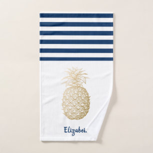 Gold Pineapple Navy Blue White Striped Bath Towel Set