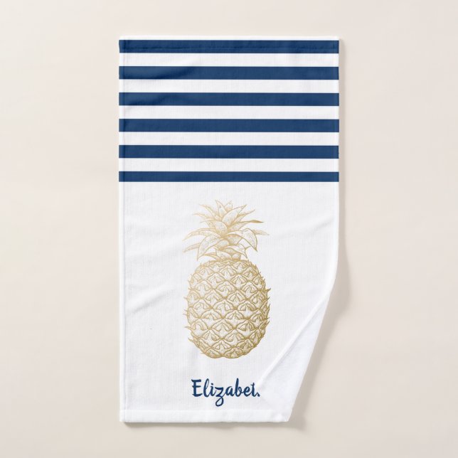 Gold Pineapple  Navy Blue White Striped  Bath Towel Set (Hand Towel)