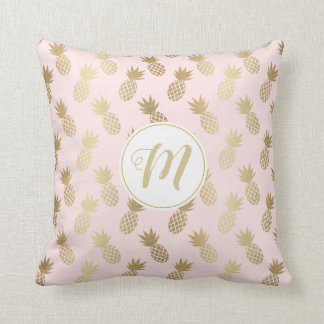 Gold Pineapple Pattern and Monogram Throw Pillow