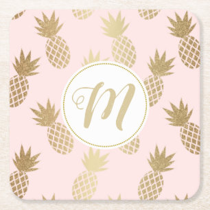Gold Pineapple Pattern & Monogram Square Paper Coaster