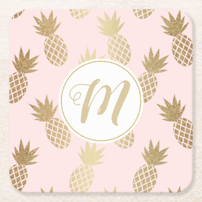 Gold Pineapple Pattern & Monogram Square Paper Coaster (Front)