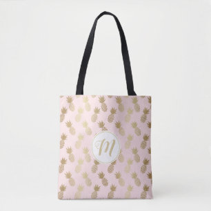 Gold Pineapple Pattern & Monogram Tote Bag