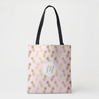 Gold Pineapple Pattern & Monogram Tote Bag